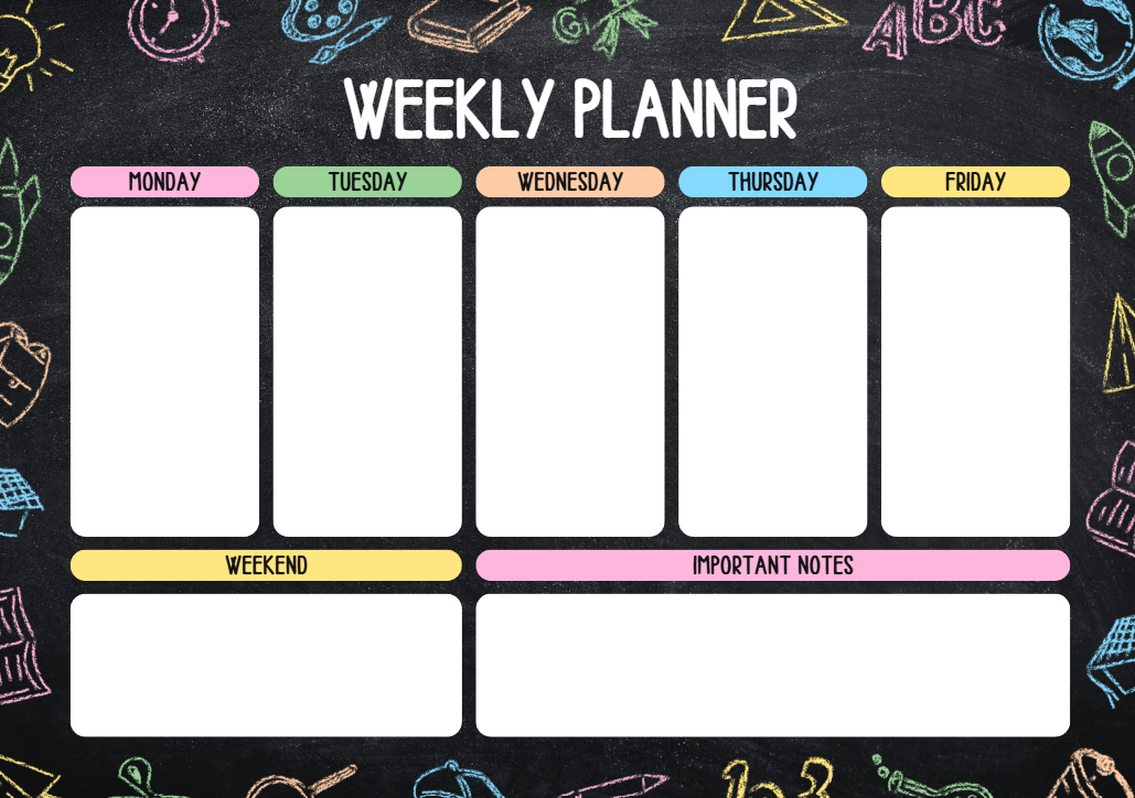Weekly Planner in Colourful Blackboard Chalk Style